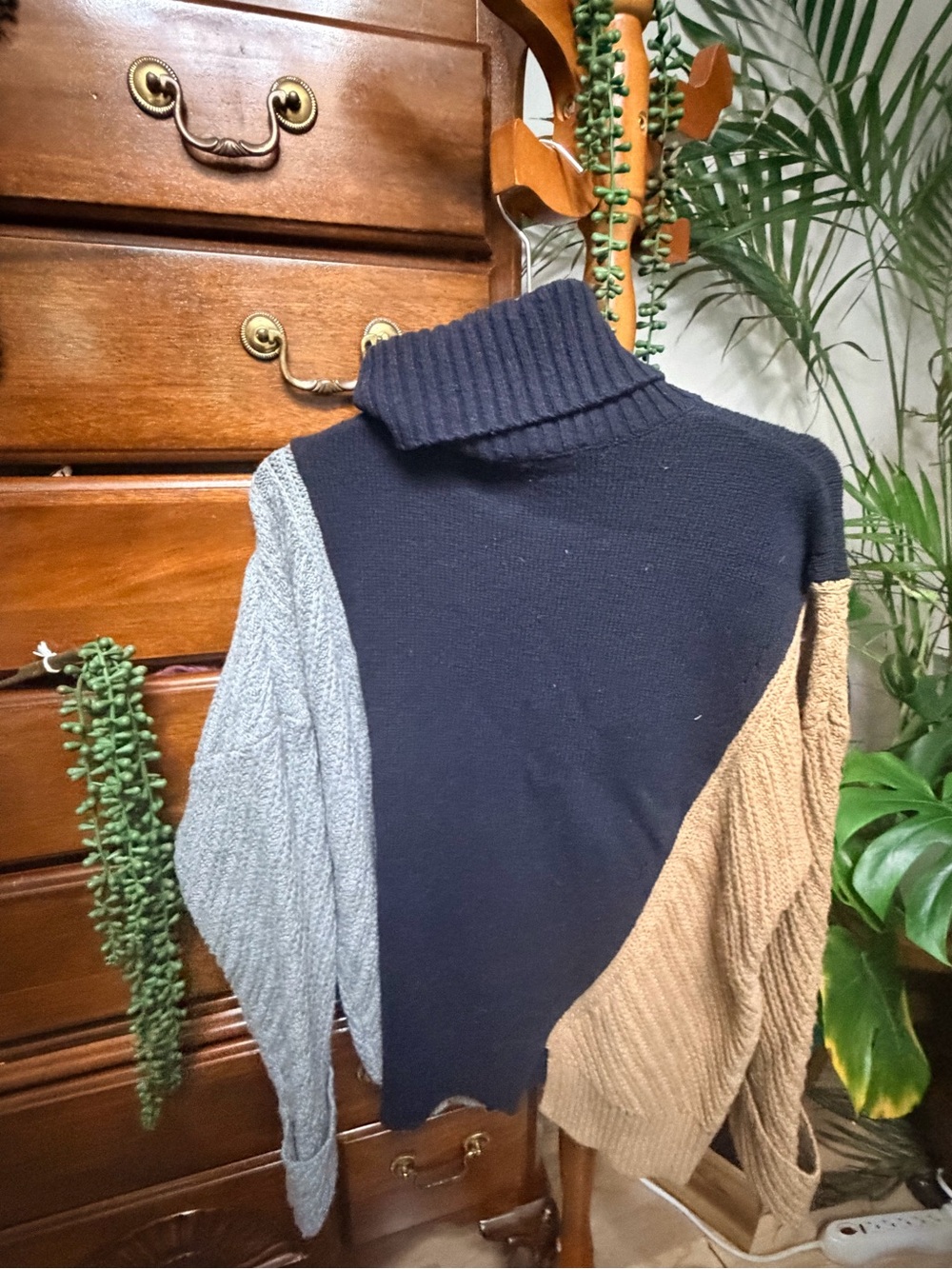 French Connection Navy, Camel & Gray Colorblock Cowl Sweater